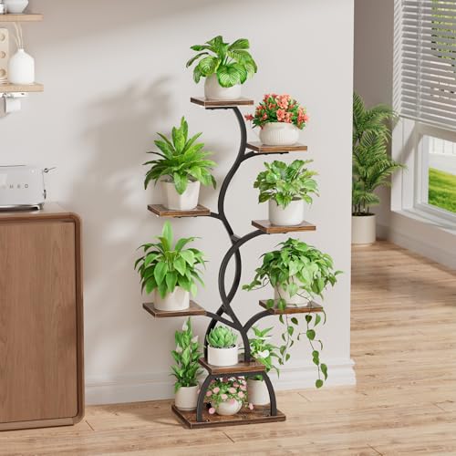 Image of Plant Stand Indoor with Grow Light - 8 Tiered Corner Plant Shelf Indoor | 49 inch Plant Holder with Lights for Indoor Growing, Tall Lighted Flower Stand for Living Room, Balcony, Brown