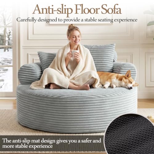 Image of Trustyue Boneless Couch,Comfy Fluffy Sofa Bed,Upholstered Sleeper Sofa with Cup Holder and Throw Pillows,Corduroy Plush Cloud Lounge Chair (Grey, Corduroy)