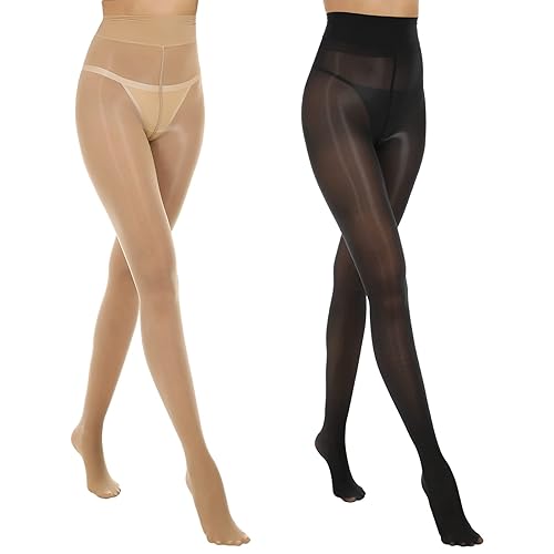 MANZI 2 Pairs Women's Shiny Sheer Tights High Waist Silk Comfort Stockings Oil Shimmery Nylons Pantyhose - Black and Natural - Small-Medium
