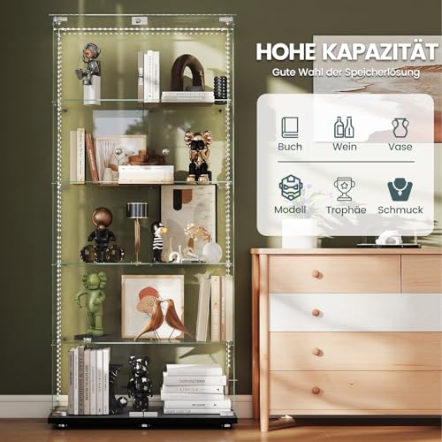 Aplancee Glasvitrine Standvitrine Schwarze mit LED & Rollen- 5-stöckige 188.8 * 36.3 * 80.7cm rahmenlose Vollsicht Vitrine, höhenverstellbare Glasböden - Vitrinenschrank für Wohnzimmer, Büro, Buch