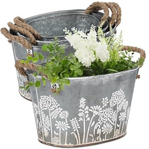 3 Pack Oval Galvanized Planter Tubs, Garden Metal Rustic Flower Pots for Outdoors, Rustproof Tin Bucket Vintage Plant Pot, Large Shallow Flower Bucket with Handles