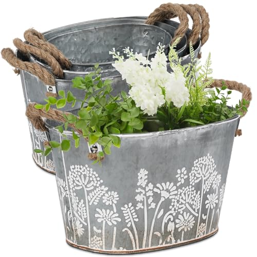CILXGQLN 3 Pack Oval Galvanized Planter Tubs, Garden Metal Rustic Flower Pots for Outdoors, Rustproof Tin Bucket Vintage Plant Pot, Large Shallow Flower Bucket with Handles