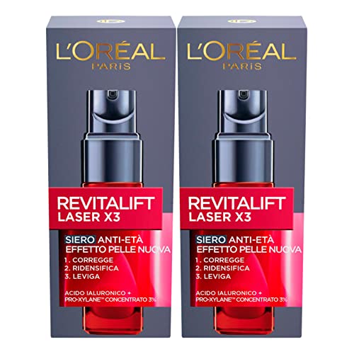 L'Oréal Paris Revitalift Laser X3 - Sérum facial antiedad con ácido hialurónico y Pro-Xylane - 2 botellas de 30 ml cada uno