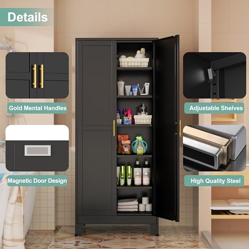 Image of Metal Pantry Cabinet with 2 Doors and 5 Adjustable Shelves, 75 inchKitchen Storage cabinets with Gold Handles, Versatile Storage for Laundry Room, Living Room, Bathroom, Dinning Room, Utility Room-Black