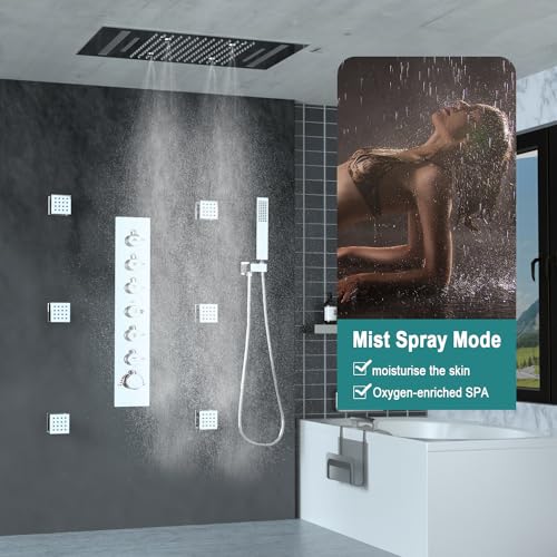 HOMEDEC LED Multi Functions Full Body Shower System with 6pcs Body Jets Spray with(Up/Down )Shower Spout, Large 3 In 1 Modes 14x20inch Showerhead, Rainfall Mist Shower Faucet Set Complete, Chrome