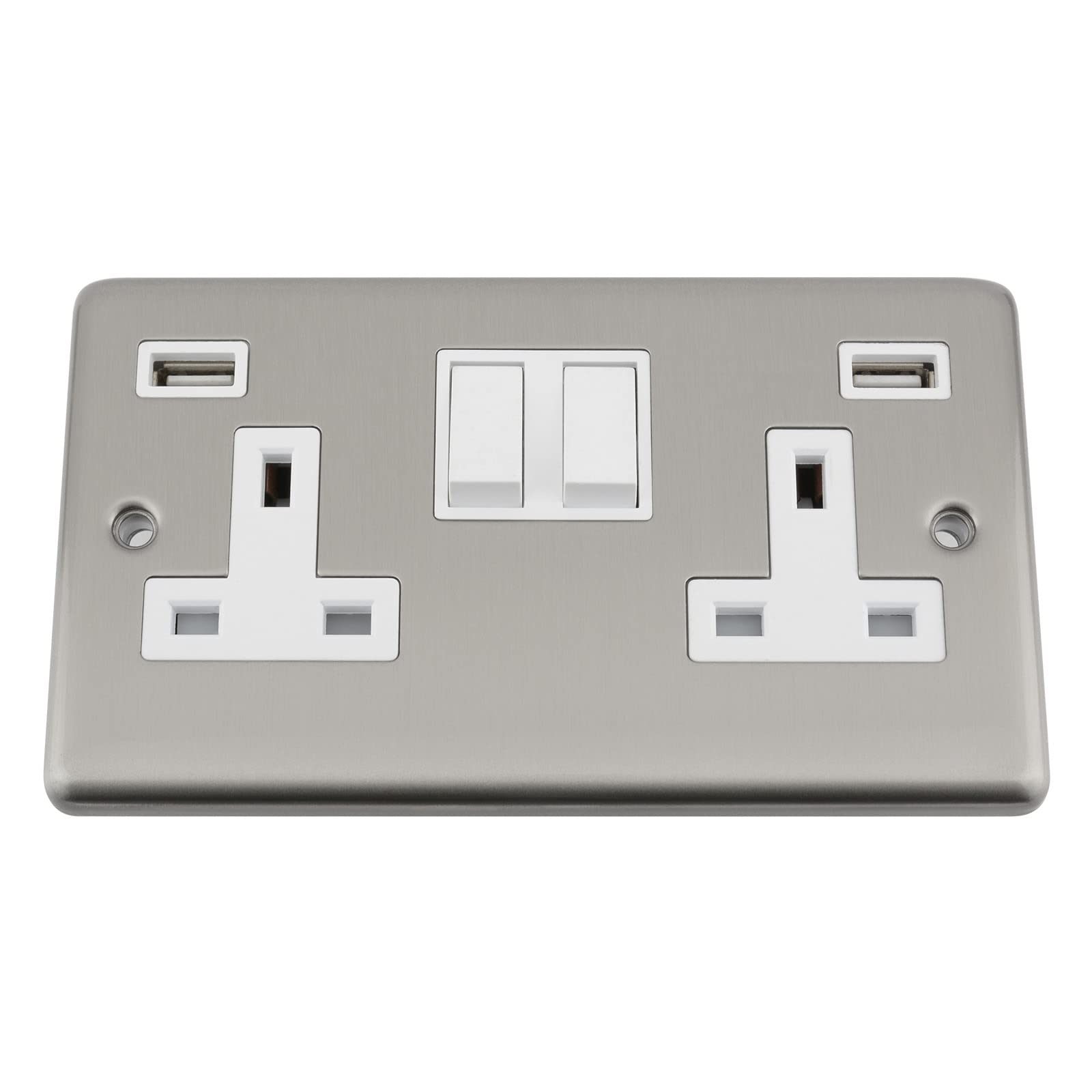 A5 USB Socket 2 Gang - Satin Matt Chrome Classic - White Insert - Plastic Rocker Switch