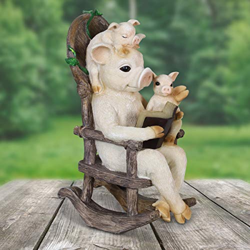 Exhart Solar Pig Family Reading a Book on a Rocking Chair Garden Statue - Bookworm Pigs Mini Figurine w/Solar LED Lights, Pig Decor, Booklovers Pig Statue, Pig Decorations, 6.3\" L x 8.9\" W x 12.2\" H - Thumbnail 2