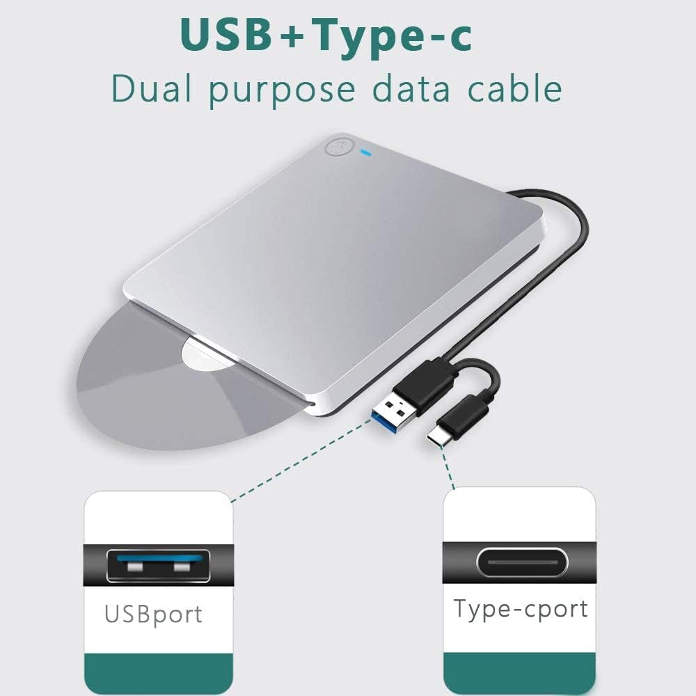 External DVD Drive, USB 3.0 / USB C 3.1 Type-C Slim CD ROM Portable Slot-in CD DVD+/-RW Player Burner Writer for Air Pro Laptop PC Windows (Silver)