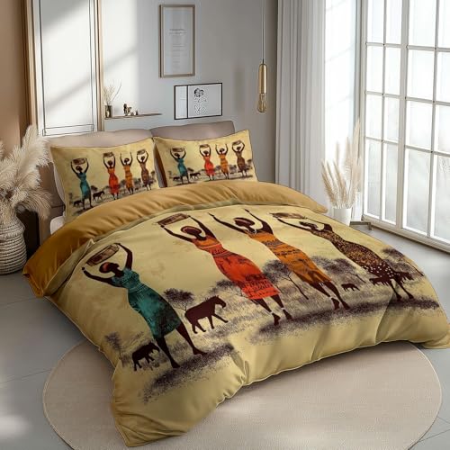 Reversible Bedding Set Duvet Cover Set Cot-bed for Kids Toddler- African Women Animal Printed Quilted Comforter Cover with 1 Pillowcases, Brown, Microfiber, Zipper Closure, 2 Pieces