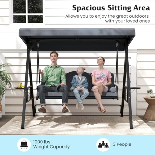 Image of Tangkula 3 Person Porch Swing, Outdoor Swing with Adjustable Canopy, Thickened Cushions & Pillow, Metal Frame, Foldable Side Tray for Backyard, Garden and Poolside (Grey)