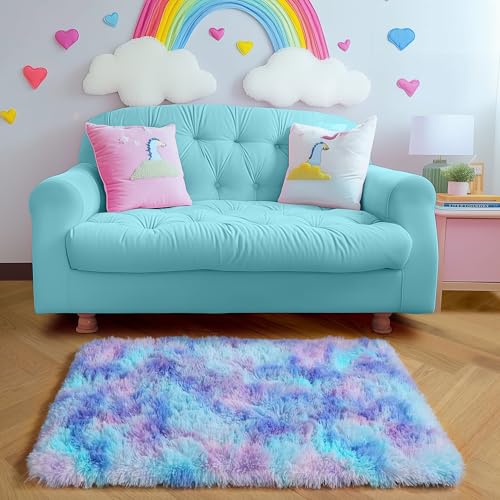 Amdrebio Purple Rainbow 2x3 Small Area Rugs for Bedroom Girls Room Decor, Colorful Mermaid Stitch Frozen Kids Rugs for Playroom Nursery Dorm, Fluffy Furry Cute Shag Kawaii Carpet for Baby Toddler