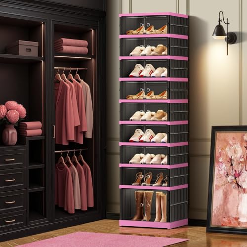Image of CIMLORD 9-Tier Foldable Shoe Rack Organizer with Doors, 18 Pairs,Black-Pink | Collapsible Slim Shoe Rack for 18 Pairs, Lidded Boxes, Stackable, Clear Door, Easy Assembly, for Closet