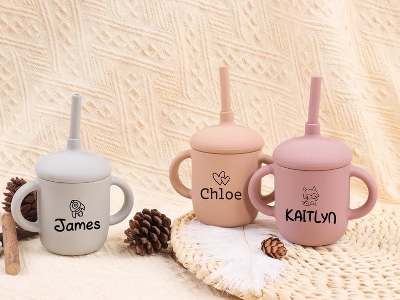 Miniatura 2 de Taza de bebé personalizada con nombre grabado, taza de bebé de silicona personalizada con tapa y asa, taza de entrenamiento de 5 onzas para bebé