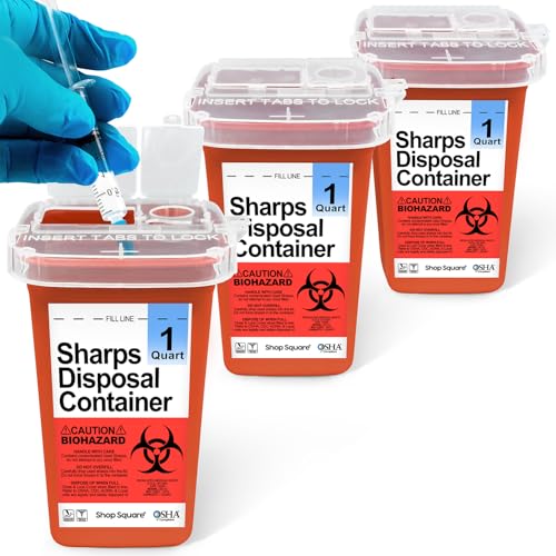 Sharps Containers for Home Use - 1 Quart (3-Pack) Biohazard Syringe and Needle Disposal Containers - Small Sharps Box for Travel and Professional Use