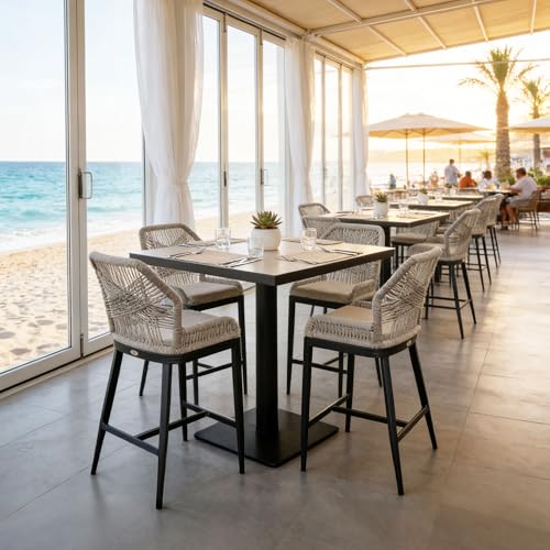 PURPLE LEAF Counter Height Bar Stools Set of 4 Rattan Wicker Outdoor Metal Boho Barstools with Back and Footrest Patio Garden Balcony Pool Bar Chairs