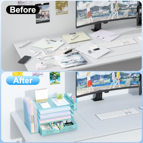 Image of gianotter 5-Tier Desk Organizer with Drawers and File Holders | Letter Trays and Pen Holders - Workspace Accessories for Office Supplies (Blue)