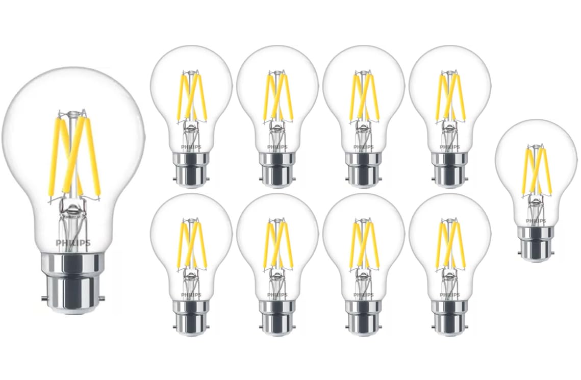 Philips Master LED Glass Bulb B22 5.9W (60W Equivalent) A60 Clear Filament Warm Glow 2200K–2700K Dimmable 806lm CRI95 Energy Saving Light Bulb 25,000h Lifetime