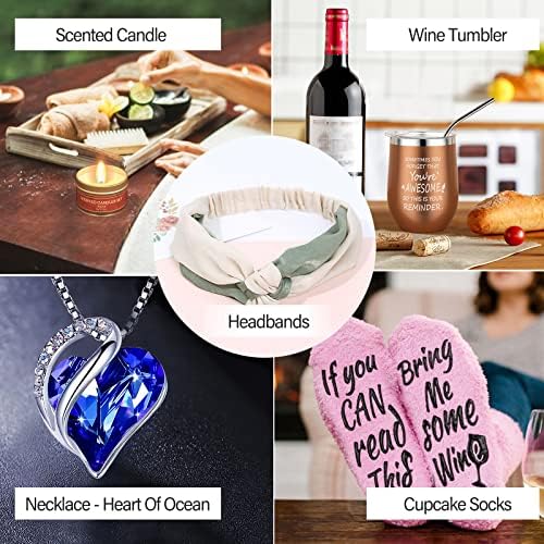 Birthday Gifts for Women Mum, Wine Tumbler Cupcake Funny Socks Mother's Day, 12 Oz Stainless Steel Double Wall Vaccum Wine Glass with Lid and Straw, Headbands, Sleep mask, Necklace, Scented Candle
