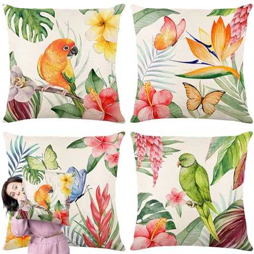 MFCGHXR Juego de 4 Fundas Cojines Tropical Flamenco Fundas para Cojines de Exterior Jardín - Cojines para Sofá y Palets con Diseño de Mariposas Decorativas Funcionales y Decorativas