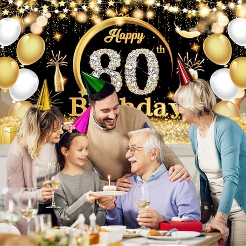 Happy 80th Birthday Party Banners,Birthday Party Decoration Extra Large Fabric Black Gold Sign Poster for Anniversary Photo Booth Backdrop Background Banner, 72.8 x 43.3 Inch by Yuanbigtai - Image 5