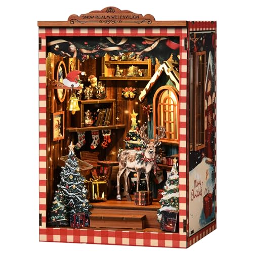 Christmas Book Nook Kits for adults-3D Wooden Puzzles DIY Miniature House Kit Bookshelf Decor with LED Lights Creative Bookend Craft Doll House for Teens & Adults-Ideal Gift for Family & Friends