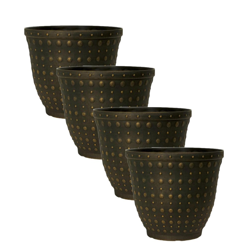 Plastic Plant Pot Hobnail Planter – 16L Large Decorative Flower Pot for Garden, Patio, Balcony, Indoor & Outdoor Use | Lightweight Garden Container with Drainage Holes (Black Bronze-33cm, Pack 4)