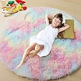 ONASAR Unicorn Cute Rug for Girls Bedroom Decor 4ft, Rainbow Fluffy Round Rug for Kids Room, Kawaii