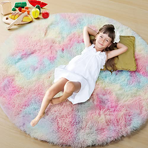 Onasar Unicorn Cute Rug For Girls Bedroom Decor 4Ft, Rainbow Fluffy Round Rug For Kids Room, Kawaii Furry Carpet For Nursery, Soft Area Rug For Play Room, Pastel Colorful Rug For Living Room #TOP1