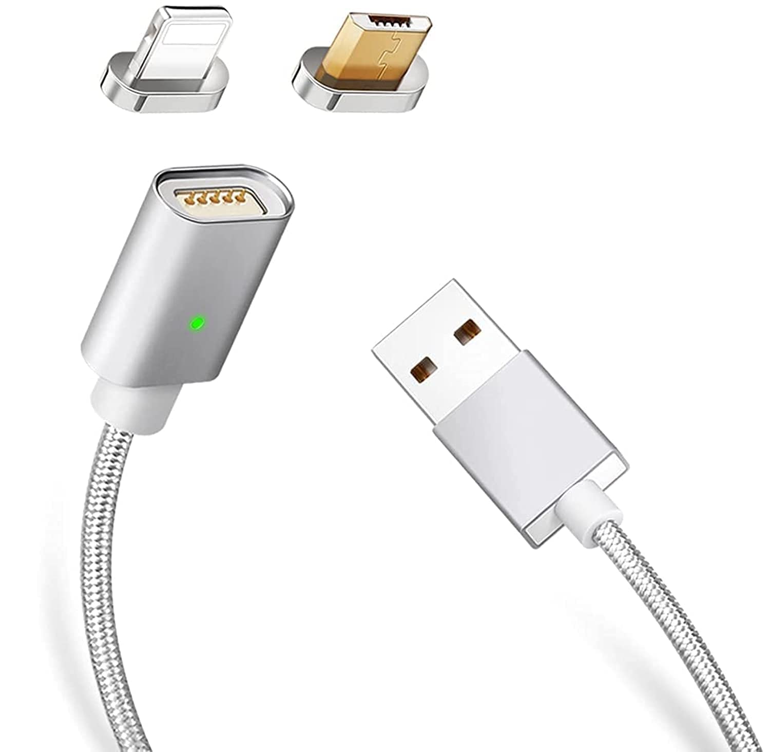 Glorious USB Cable For Android/iPhone Mobile Phone Nylon braided 2 in 1 Fast Charging Magnetic Cable Sync Data 3.3ft/1m wire cord with LED indicator (Silver)