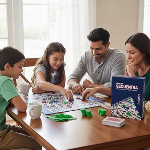 Image of Sequentra Board Game - Classic Strategy Card, Educational Family Fun, Includes Colored Tokens for Kids & Adults 2-6 Players