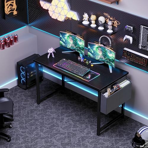 Image of OLIXIS Computer Desk, 47 Inch Gaming Desks for Home Office Small Spaces | Writing Study Craft Work Table, Computer Workstation for Bedroom with Storage Bag, Modern Black