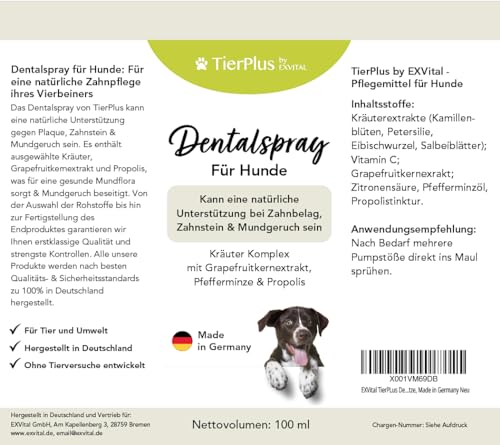 EXVital TierPlus Dentalspray für Hunde, gegen Zahnbelag, Zahnstein & Mundgeruch, natürliche Zahnreinigung & Zahnsteinentferner, 100 ml Sprühflasche, 100% natürlich & ohne Zusätze, Made in Germany