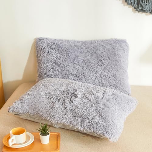 Besfunny Grey Fuzzy Pillow Covers, Fluffy Plush Furry Shaggy Faux Fur Pillow Cases for Bedroom décor, Soft Grey Pillow Covers 26"x20" with Zipper Closure, Decorative Set of 2