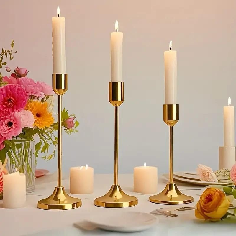 Modern Metal Candle Holder Set of 3, Elegant Gold Taper & Pillar Candle Stand for Table Centerpiece, Festive Home Decor & Wedding(Golden)-image-38