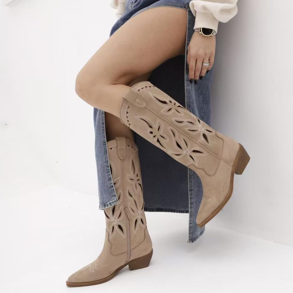 IF Botas altas Texanas para mujer Western de piel sintética vegana, diseño perforado, tacón medio y punta cónica