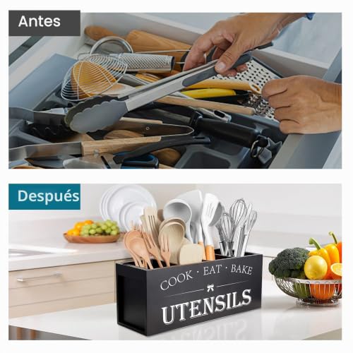 Miniatura 3 de Suli Soporte Para Utensilios De Cocina Extragrande Con 4 Compartimentos, Organizador De Utensilios De Madera Para Encimera De Cocina, Decoración De Cocina Rústica, Color Negro