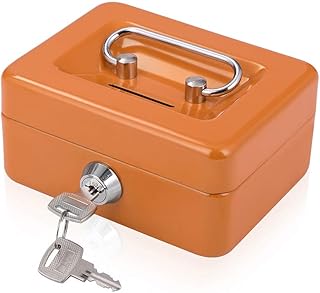Mini Cash Box with Slot Small Cash Box with Money Tray and Key Lock, Metal Lock Box for Money Safe 4.9" x 3.7" x 2.4" Orange