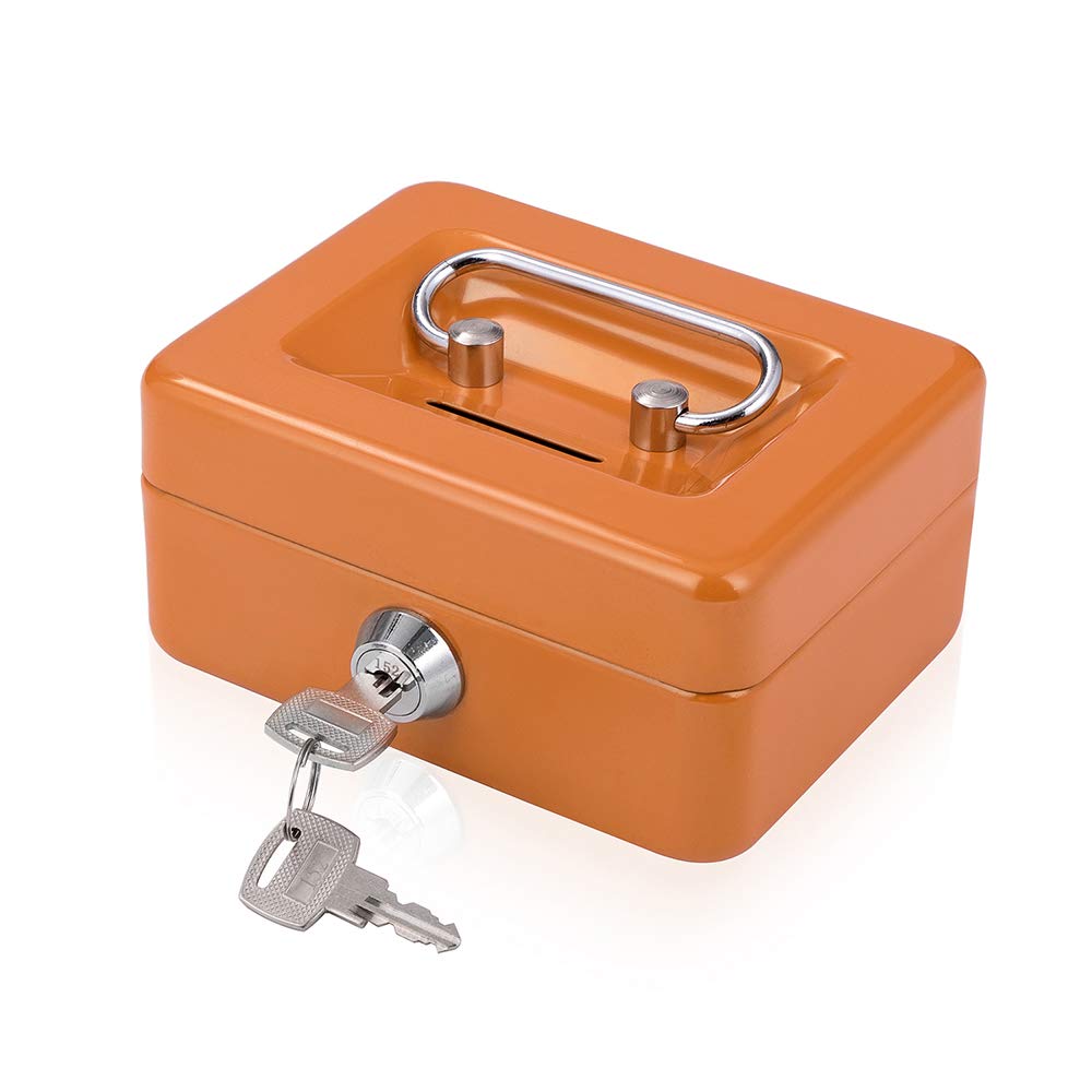 Mini Cash Box with Slot Small Cash Box with Money Tray and Key Lock, Metal Lock Box for Casino Gamblers 4.9" x 3.7" x 2.4" Orange