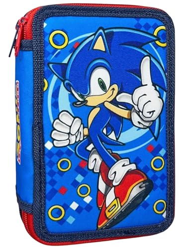 Clondo Estojo completo de 3 compartimentos, para Sonic Fan, 44 peças incluídas, canetas, lápis, marcadores, ceras, tesouras – escola primária e presente – gadget oficial para criança