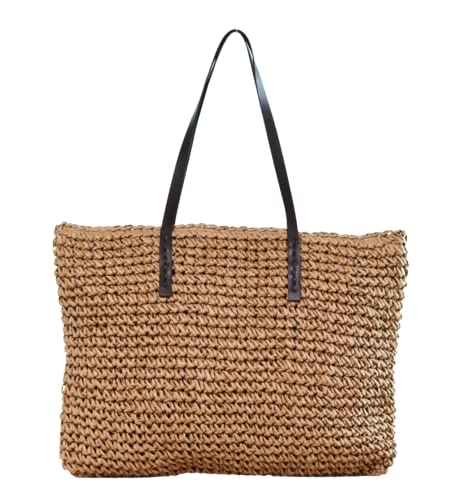 Sac fourre-tout en paille tissée pour femme - Grande capacité - Sac à main d'été - Sac à bandoulière avec fermeture éclair, marron clair, 40*16*35cm Cover