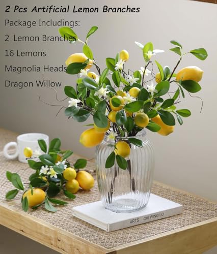 Laelfe 16 Köpfe Künstliche Zitronenzweig, 2 Stück Gelbe Künstliche Zitronen Deko Stiele mit Magnolienblüten und Weidenblättern, Pflanzen Zitronenbaum Künstlich für Zuhause, Küche, Tischdekoration