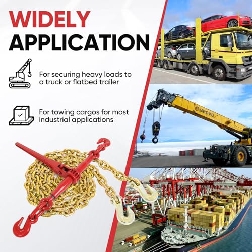Image of FAHKNS Ratchet Chain Binder Set 3 /8-1 /2 inch 2 Pack 3 /8 inch x 10FT Chains G80 | 9200LBS WLL, 33000LBS Break Strength, Heavy Duty Ratchet, Complete for Truck Flatbed Tie Down