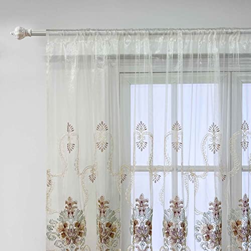 Wpkira Exquisite European Embroidered Floral Sheer Curtains Rod Pocket Transparent Voile Window Treatment Drapes For Living Room/Hall/Villa Room Decoration Tulle Curtain 1 Panel W40 X L84 Inch #TOP5