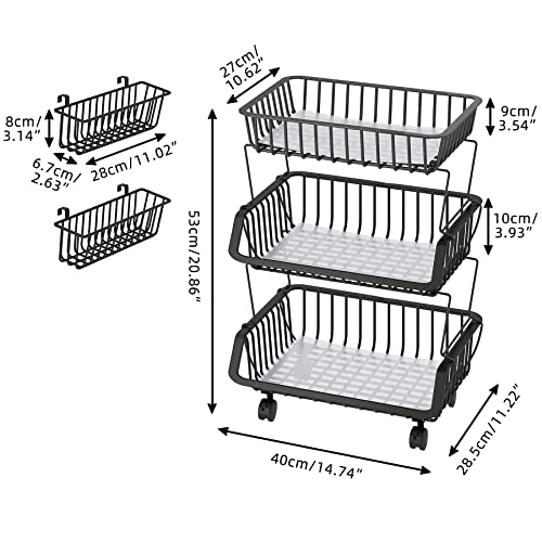 Jiuyotree 3-Tier Fruit Basket Cart With Wheels, Metal Wire Fruit Vegetable Storage Basket Organizer With Two Free Baskets For Kitchen,Pantry, Garage, Black #TOP1