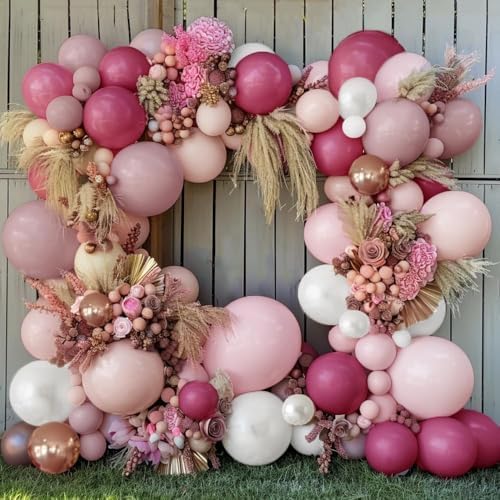 Dusty Rose Balloon Garland Double Stuffed Dusty Pink Mauve Balloons Light Pink Pearl White Cream Boho Balloon Arch Kit for Girls Women Birthday Baby Shower Bridal Engagement Party Decorations