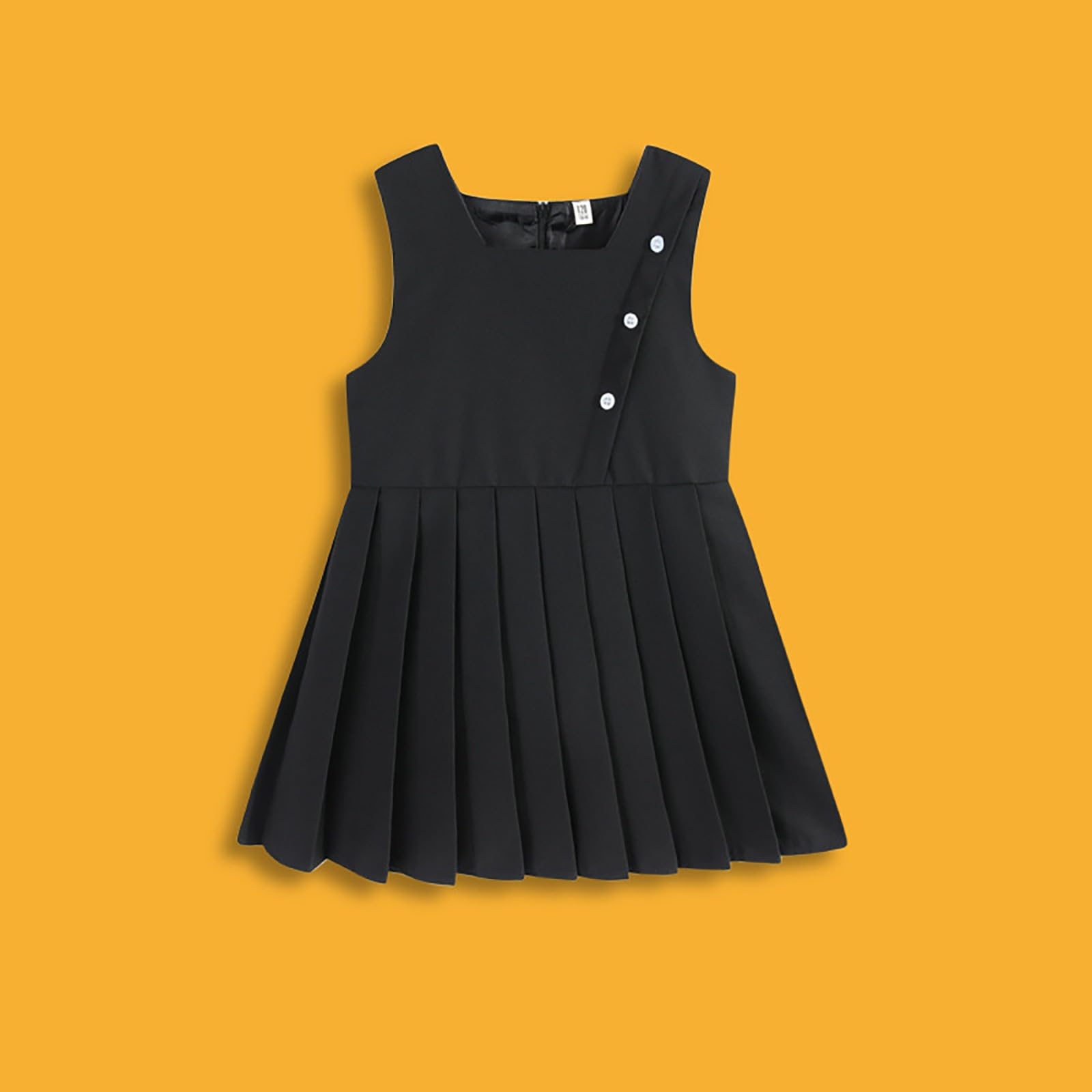 Vestido escolar para niñas, plisado, sin mangas, vestido corto para niños, casual, acampanado, cuello cuadrado, liso, suave, cómodo, vestido formal