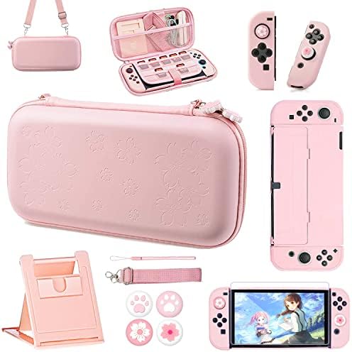OLDZHU Pink Travel Carrying Case Accessories Kit Compatible with Nintendo Switch OLED 2021,10 in 1 Protection Kits with Hard Protective Cover,Glass Screen Protector,Adjustable Stand,Thumb Grip Caps
