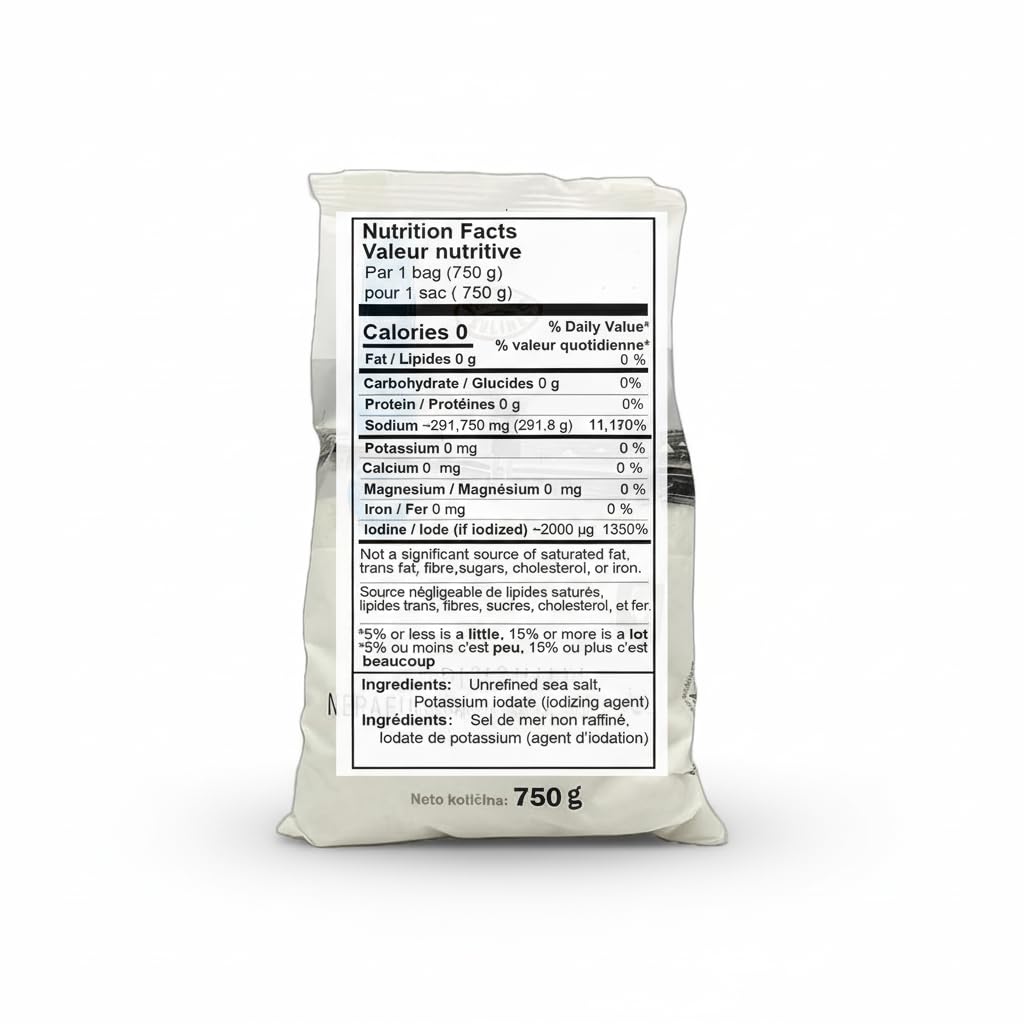 SORINA Sal marina sin refinar yodada fina tradicional (bolsa de 750 gramos) - Sal marina totalmente orgánica y sin refinar - Buena para cocinar y sal de mesa (26 oz)