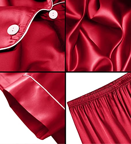Image of SWOMOG Men Satin Silk Pajamas Sets Short Sleeve Sleepwear Button-Down PJs Sets Two-Pieces Loungewear with Pockets