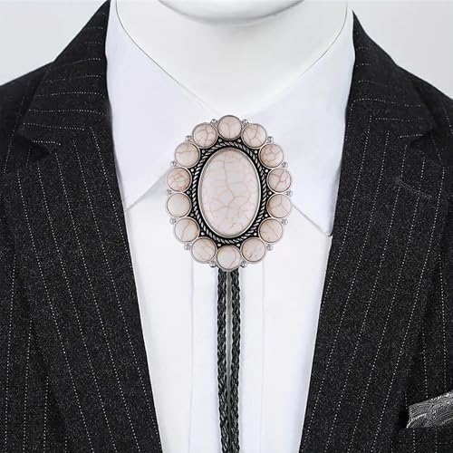 Image of GelConnie Bolo Tie for Men Women Western Cowboy Turquoise Leather Necktie | Natural Stone Bolo Tie Necklace for Women Rodeo Cowboy Leather Necktie Native American Western Cowgirl Ties Adjustable Cord